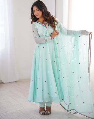 Sky-blue faux georgette embroidered anarkali set 3