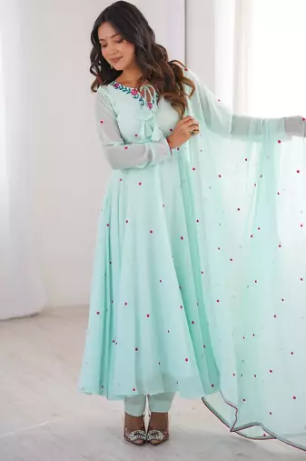 Sky-blue faux georgette embroidered anarkali set