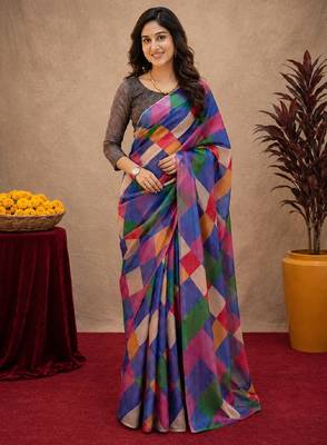  multi color chanderi cotton blend printed  1 minute ready to wear saree with unstitched blouse piece 2