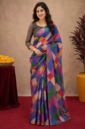  multi color chanderi cotton blend printed  1 minute ready to wear saree with unstitched blouse piece
