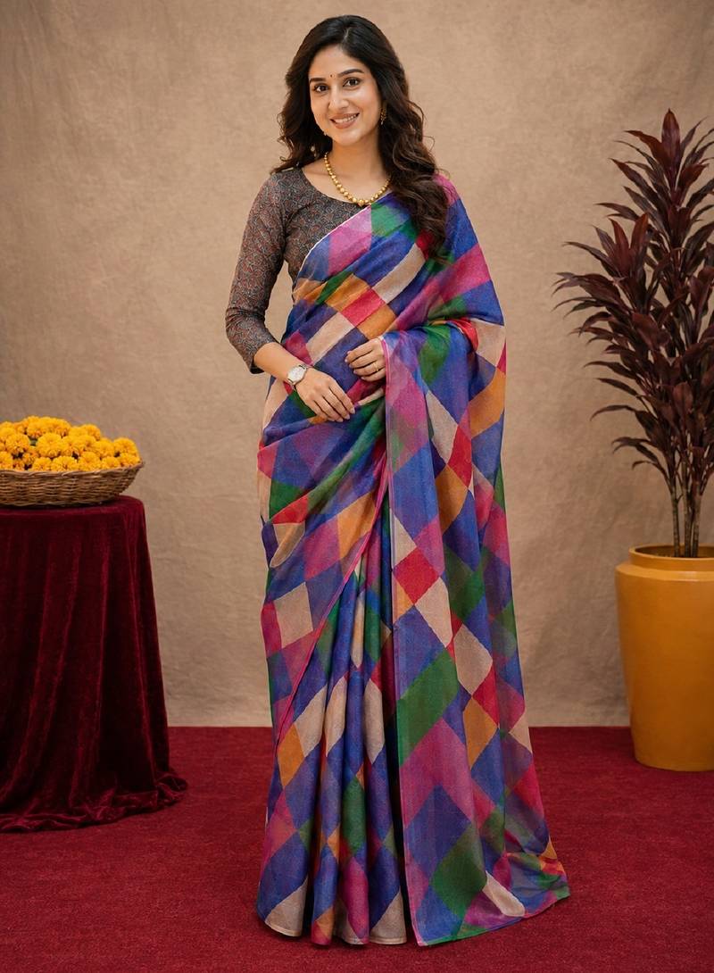  multi color chanderi cotton blend printed  1 minute ready to wear saree with unstitched blouse piece