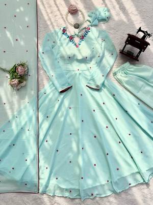 Sky-blue faux georgette embroidered anarkali set 4