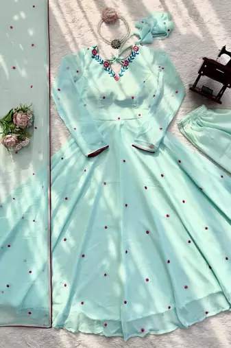 Sky-blue faux georgette embroidered anarkali set
