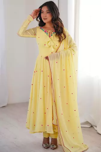 Light-yellow faux georgette embroidered anarkali set