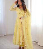 Light-yellow faux georgette embroidered anarkali set
