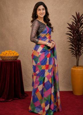  multi color chanderi cotton blend printed  1 minute ready to wear saree with unstitched blouse piece 3
