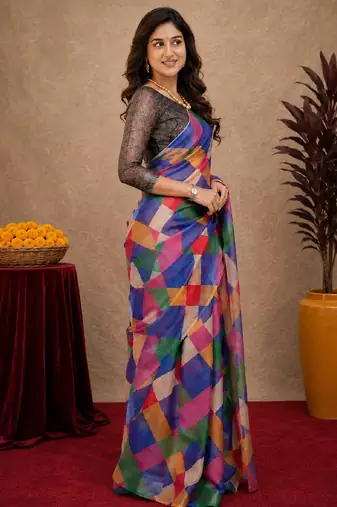  multi color chanderi cotton blend printed  1 minute ready to wear saree with unstitched blouse piece
