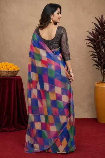  multi color chanderi cotton blend printed  1 minute ready to wear saree with unstitched blouse piece