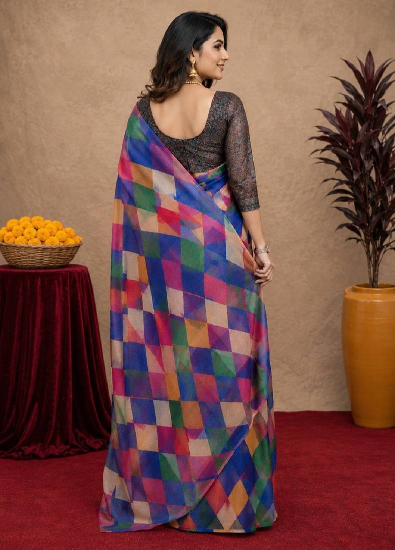  multi color chanderi cotton blend printed  1 minute ready to wear saree with unstitched blouse piece