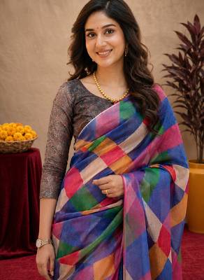  multi color chanderi cotton blend printed  1 minute ready to wear saree with unstitched blouse piece 5