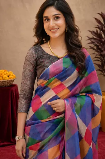  multi color chanderi cotton blend printed  1 minute ready to wear saree with unstitched blouse piece