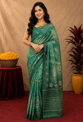  green chanderi cotton blend printed  1 minute ready to wear saree with unstitched blouse piece 1