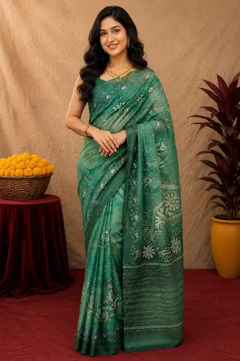  green chanderi cotton blend printed  1 minute ready to wear saree with unstitched blouse piece
