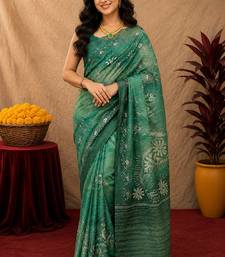  green chanderi cotton blend printed  1 minute ready to wear saree with unstitched blouse piece