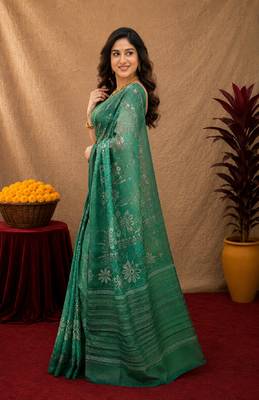  green chanderi cotton blend printed  1 minute ready to wear saree with unstitched blouse piece 2
