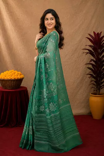  green chanderi cotton blend printed  1 minute ready to wear saree with unstitched blouse piece