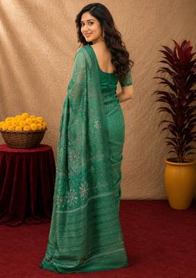  green chanderi cotton blend printed  1 minute ready to wear saree with unstitched blouse piece 3