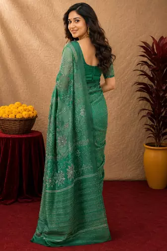  green chanderi cotton blend printed  1 minute ready to wear saree with unstitched blouse piece