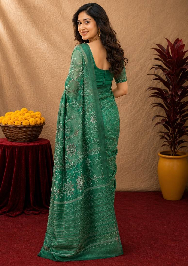  green chanderi cotton blend printed  1 minute ready to wear saree with unstitched blouse piece