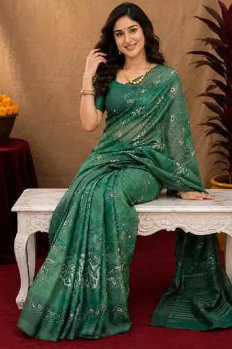  green chanderi cotton blend printed  1 minute ready to wear saree with unstitched blouse piece