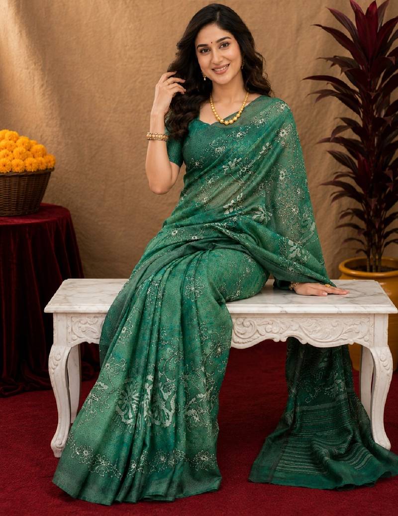  green chanderi cotton blend printed  1 minute ready to wear saree with unstitched blouse piece