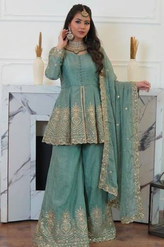 Sea-green silk blend embroidered palazzo set