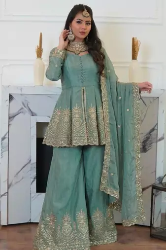 Sea-green silk blend embroidered palazzo set