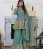 Sea-green silk blend embroidered palazzo set
