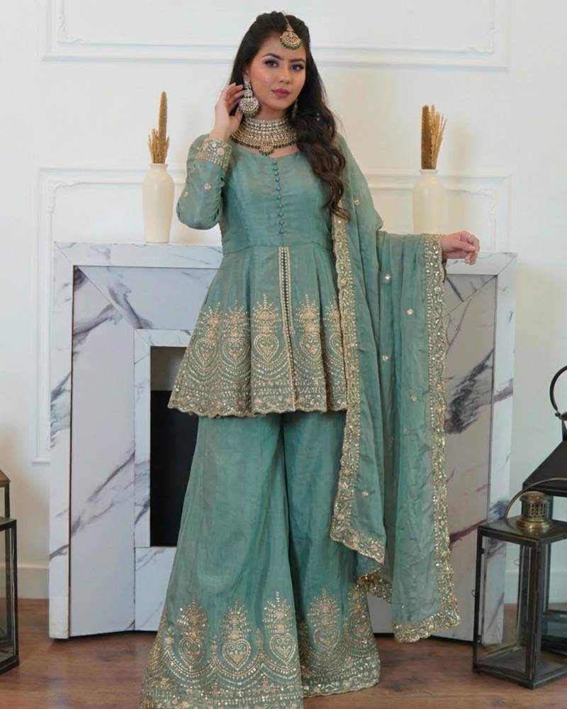 Sea-green silk blend embroidered palazzo set
