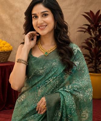  green chanderi cotton blend printed  1 minute ready to wear saree with unstitched blouse piece 5