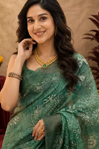  green chanderi cotton blend printed  1 minute ready to wear saree with unstitched blouse piece