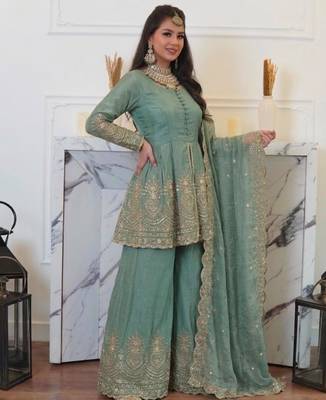 Sea-green silk blend embroidered palazzo set 2