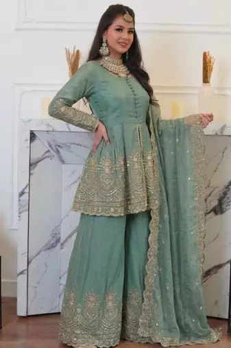 Sea-green silk blend embroidered palazzo set