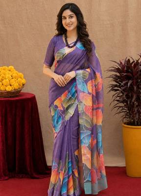  purple chanderi cotton blend printed 1 minute ready to wear saree with unstitched blouse piece 1