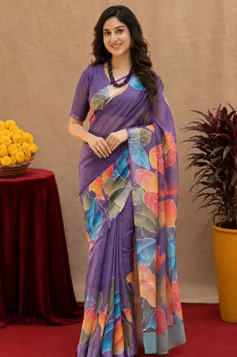  purple chanderi cotton blend printed 1 minute ready to wear saree with unstitched blouse piece