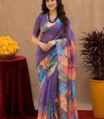  purple chanderi cotton blend printed 1 minute ready to wear saree with unstitched blouse piece