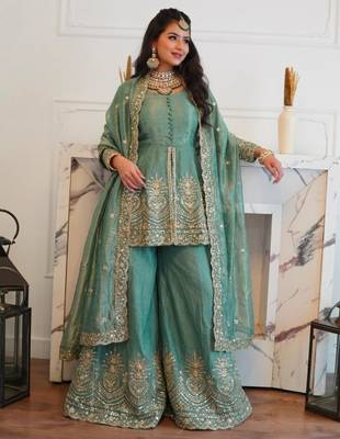 Sea-green silk blend embroidered palazzo set 3