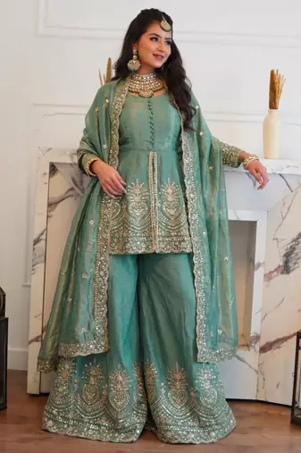 Sea-green silk blend embroidered palazzo set