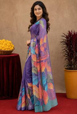  purple chanderi cotton blend printed 1 minute ready to wear saree with unstitched blouse piece 2