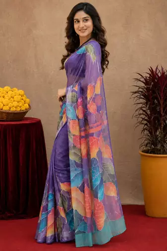  purple chanderi cotton blend printed 1 minute ready to wear saree with unstitched blouse piece