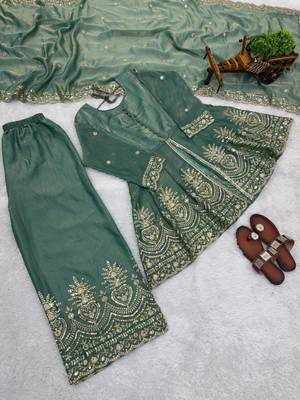Sea-green silk blend embroidered palazzo set 4