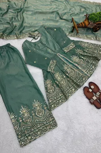 Sea-green silk blend embroidered palazzo set