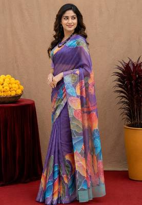  purple chanderi cotton blend printed 1 minute ready to wear saree with unstitched blouse piece 3