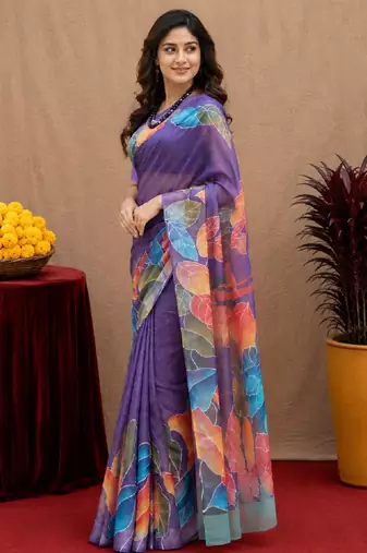  purple chanderi cotton blend printed 1 minute ready to wear saree with unstitched blouse piece