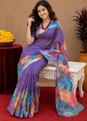  purple chanderi cotton blend printed 1 minute ready to wear saree with unstitched blouse piece 4