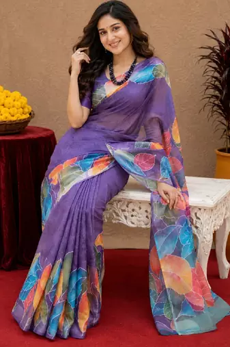  purple chanderi cotton blend printed 1 minute ready to wear saree with unstitched blouse piece