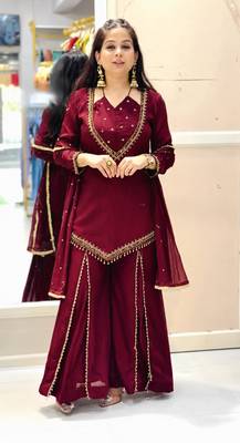 Wine silk blend embroidered palazzo set 1