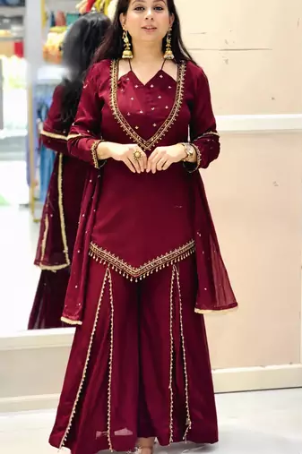 Wine silk blend embroidered palazzo set