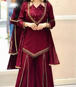 Wine silk blend embroidered palazzo set