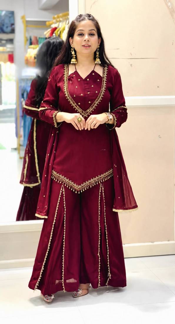 Wine silk blend embroidered palazzo set